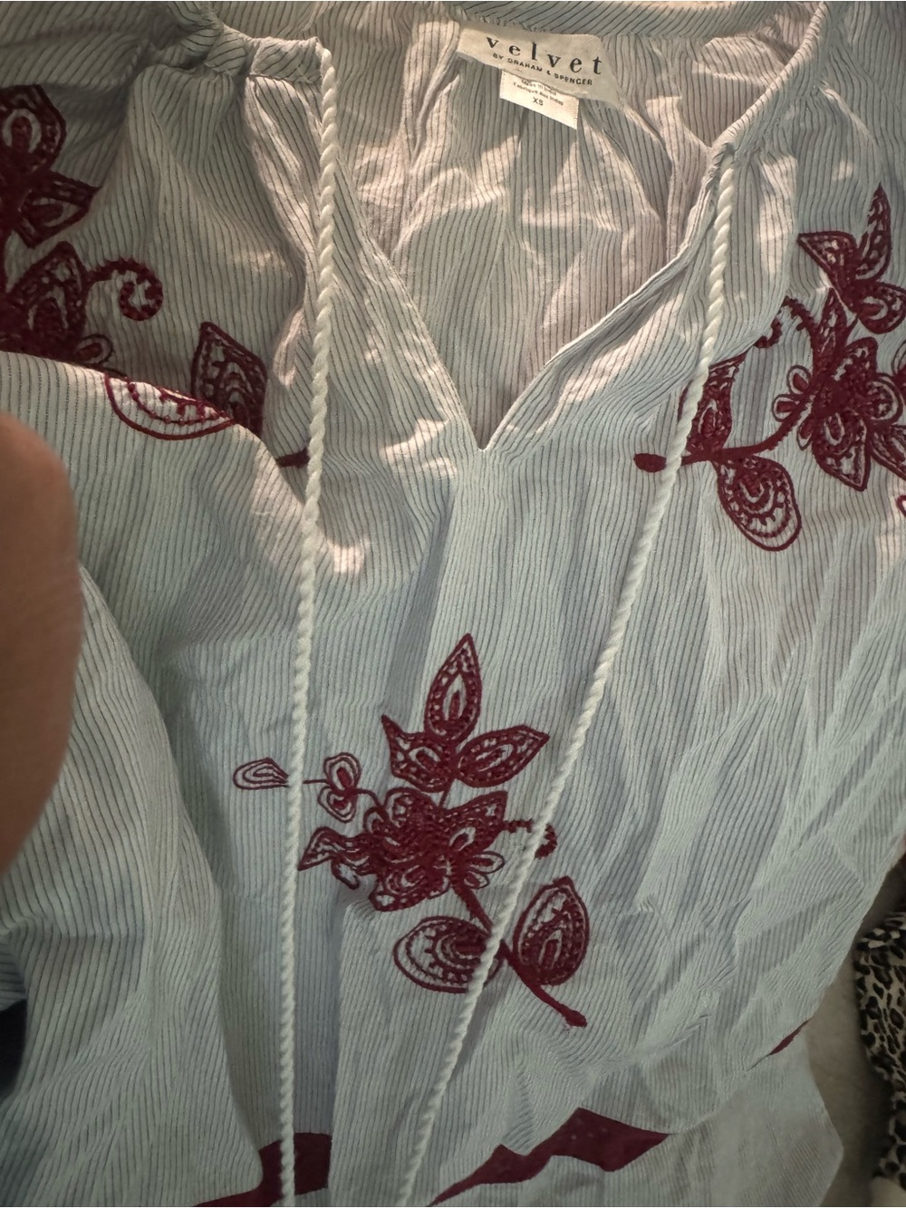 Velvet Striped Tunic with Burgundy Floral Embroidery